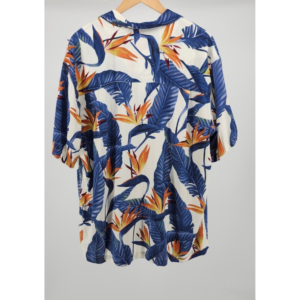 Island Shores Mens Large Blue Orange Bird of Paradise Rayon Hawaiian Camp Shirt - Picture 2 of 5